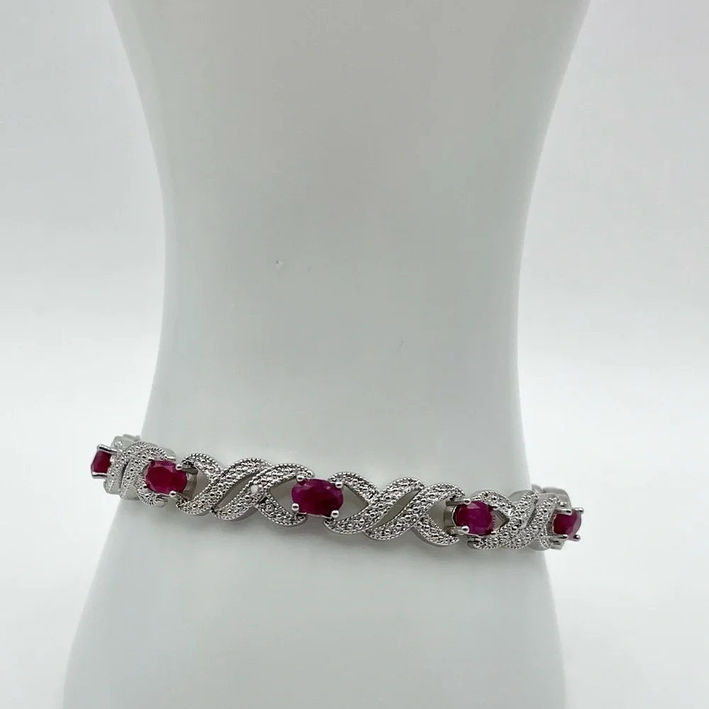 5.00 CT Genuine Ruby Rhodium Tennis Bracelet - Picture 2 of 4